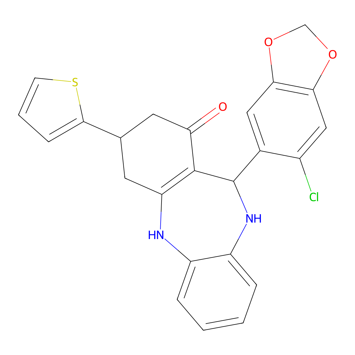 6-(6-Chloro-1,3-benzodioxol-5-yl)-9-thiophen-2-yl-5,6,8,9,10,11-hexahydrobenzo[b][1,4]benzodiazepin-7-one molecular structure, CAS 524000-94-0