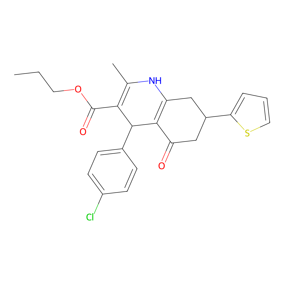 Propyl 4-(4-chlorophenyl)-2-methyl-5-oxo-7-(thiophen-2-yl)-1,4,5,6,7,8-hexahydroquinoline-3-carboxylate molecular structure, CAS 524001-09-0