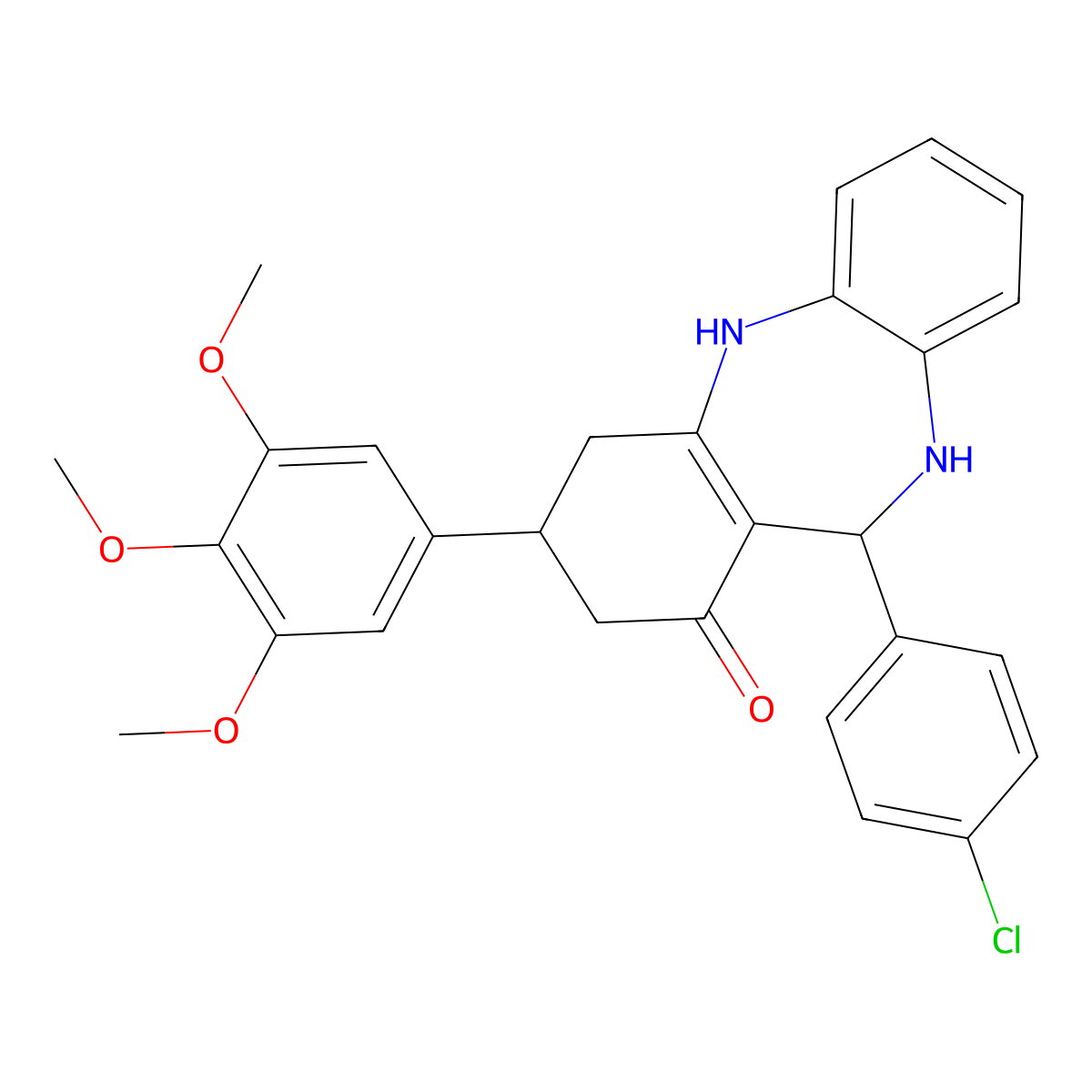 6-(4-Chlorophenyl)-9-(3,4,5-trimethoxyphenyl)-5,6,8,9,10,11-hexahydrobenzo[b][1,4]benzodiazepin-7-one molecular structure, CAS 524001-41-0