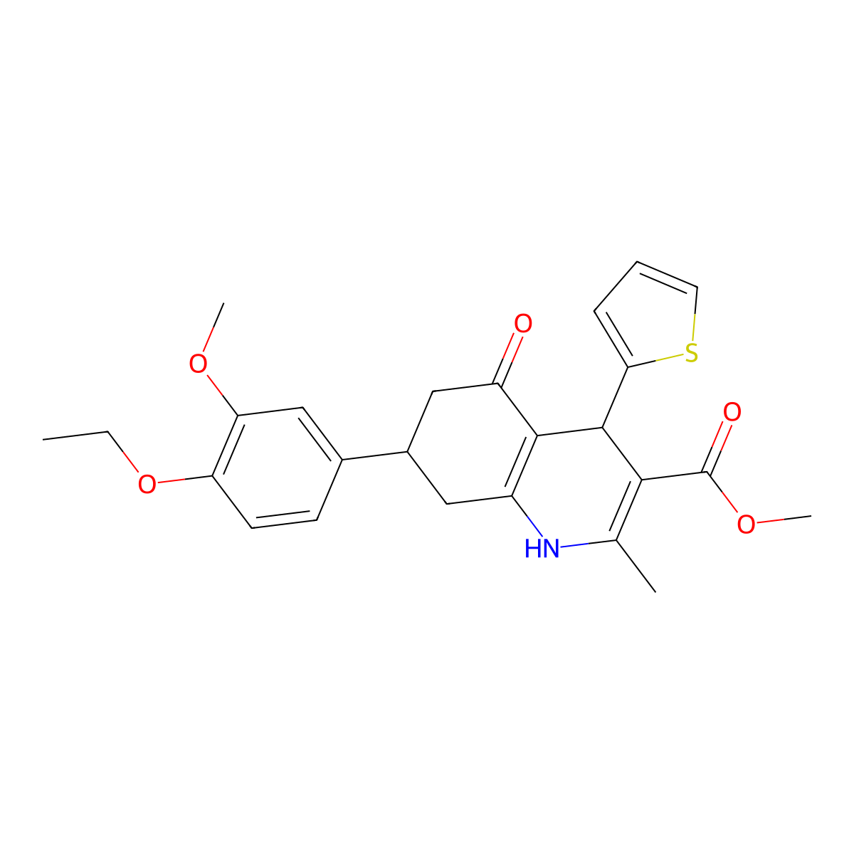 Methyl 7-(4-ethoxy-3-methoxyphenyl)-2-methyl-5-oxo-4-(thiophen-2-yl)-1,4,5,6,7,8-hexahydroquinoline-3-carboxylate molecular structure, CAS 524001-62-5