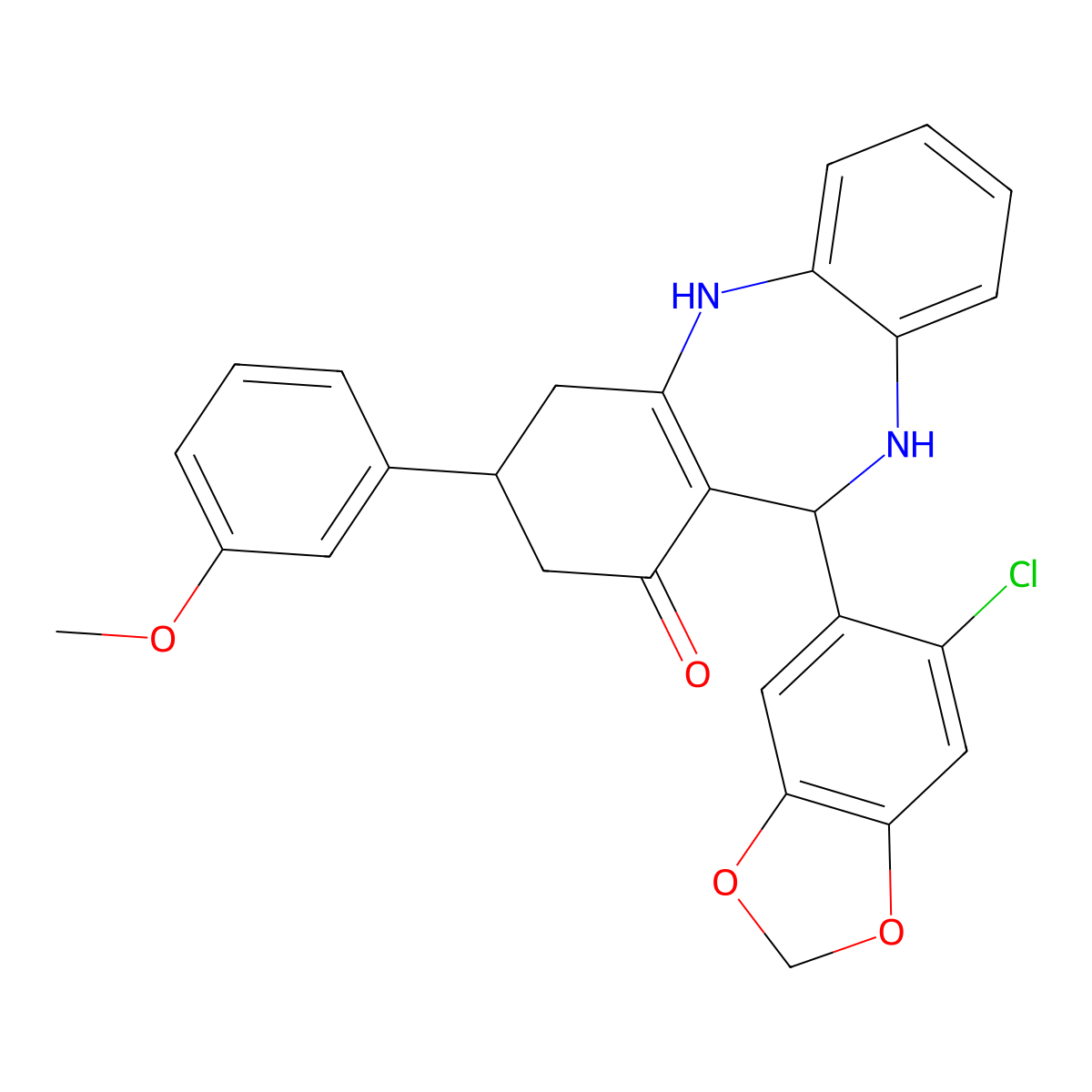 6-(6-Chloro-1,3-benzodioxol-5-yl)-9-(3-methoxyphenyl)-5,6,8,9,10,11-hexahydrobenzo[b][1,4]benzodiazepin-7-one molecular structure, CAS 524001-78-3