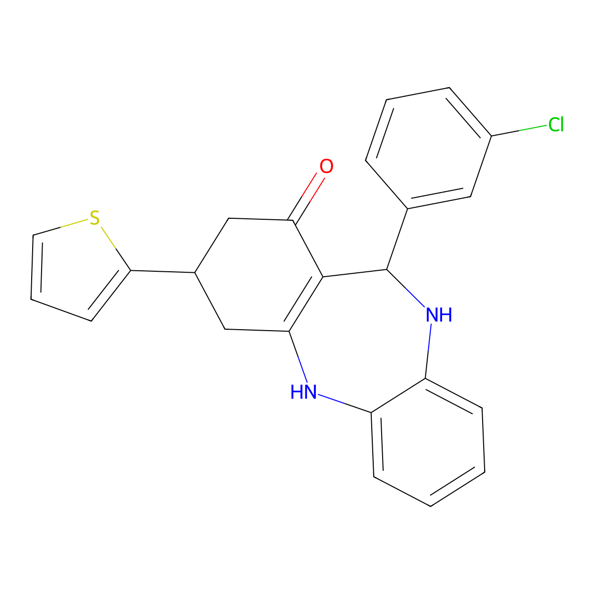 6-(3-Chlorophenyl)-9-thiophen-2-yl-5,6,8,9,10,11-hexahydrobenzo[b][1,4]benzodiazepin-7-one molecular structure, CAS 524001-96-5