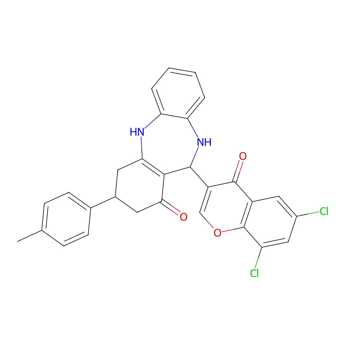 11-(6,8-dichloro-4-oxo-4H-chromen-3-yl)-3-(4-methylphenyl)-2,3,4,5,10,11-hexahydro-1H-dibenzo[b,e][1,4]diazepin-1-one molecular structure, CAS 524002-35-5