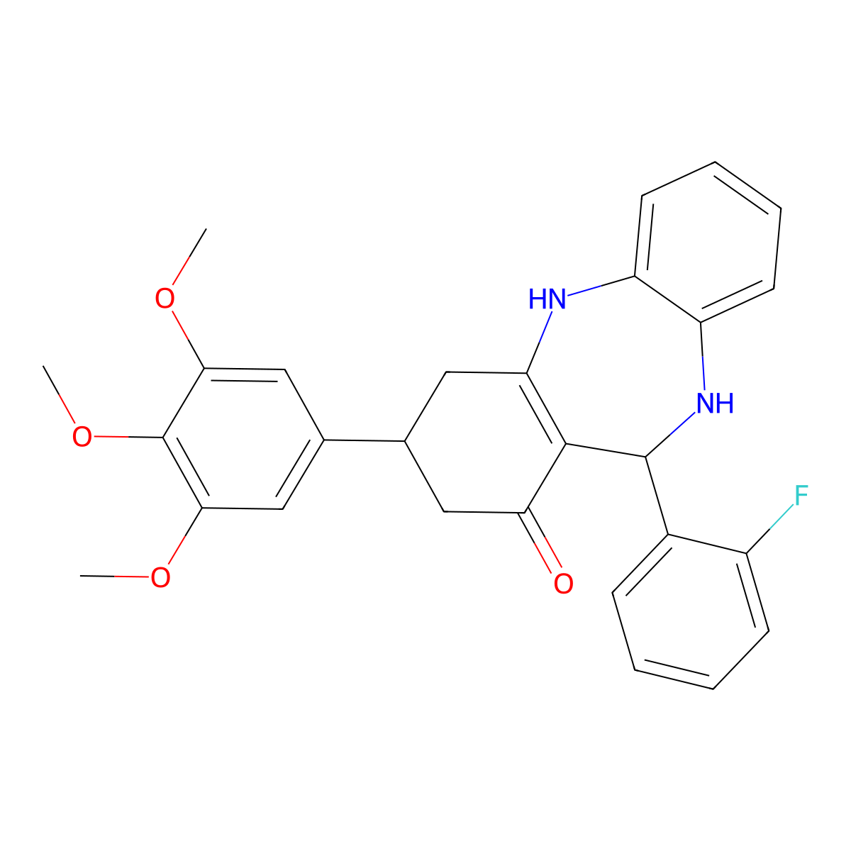 6-(2-Fluorophenyl)-9-(3,4,5-trimethoxyphenyl)-5,6,8,9,10,11-hexahydrobenzo[b][1,4]benzodiazepin-7-one molecular structure, CAS 524002-49-1