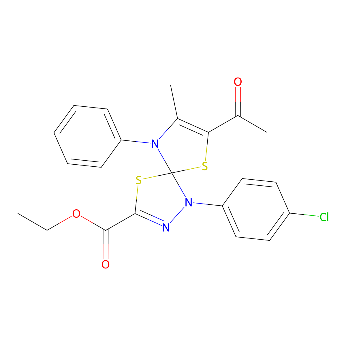Ethyl 7-acetyl-1-(4-chlorophenyl)-8-methyl-9-phenyl-4,6-dithia-1,2,9-triazaspiro[4.4]nona-2,7-diene-3-carboxylate molecular structure, CAS 524032-84-6