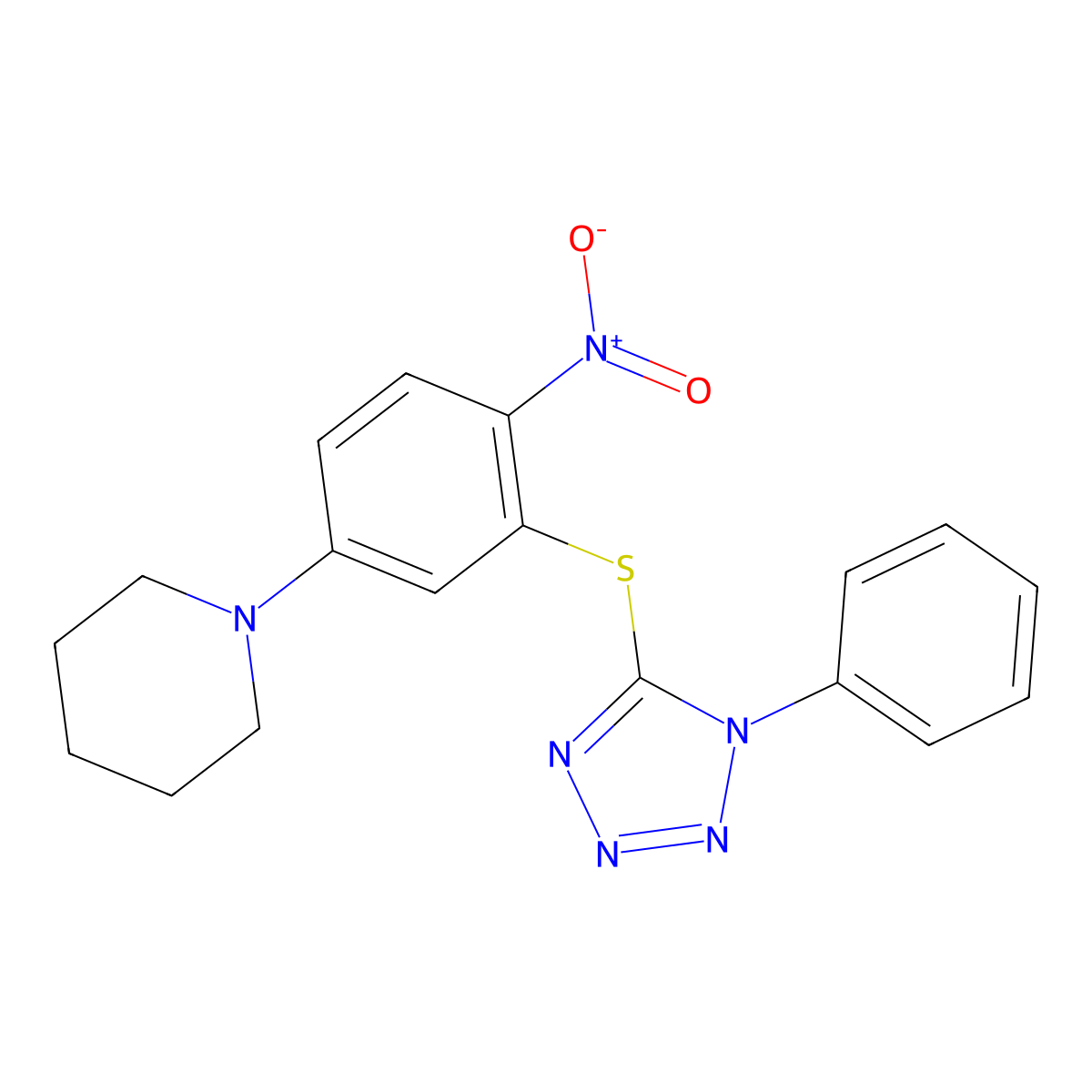 1-[4-Nitro-3-(1-phenyltetrazol-5-yl)sulfanylphenyl]piperidine molecular structure, CAS 524033-82-7