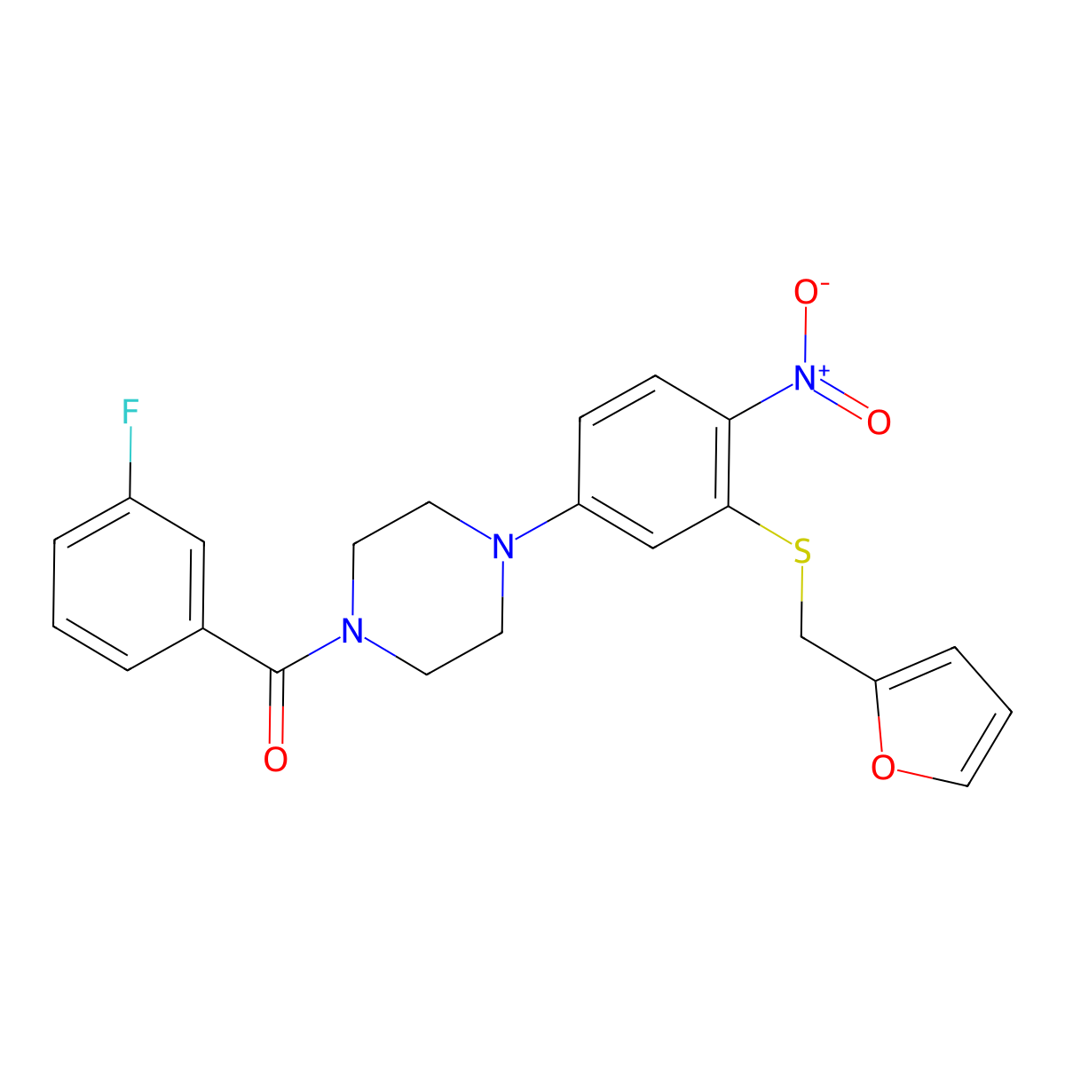 (3-Fluorophenyl)-[4-[3-(furan-2-ylmethylsulfanyl)-4-nitrophenyl]piperazin-1-yl]methanone molecular structure, CAS 524033-91-8