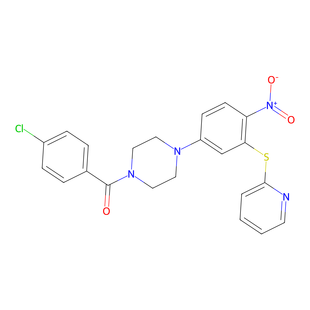 (4-Chlorophenyl)-[4-(4-nitro-3-pyridin-2-ylsulfanylphenyl)piperazin-1-yl]methanone molecular structure, CAS 524033-93-0