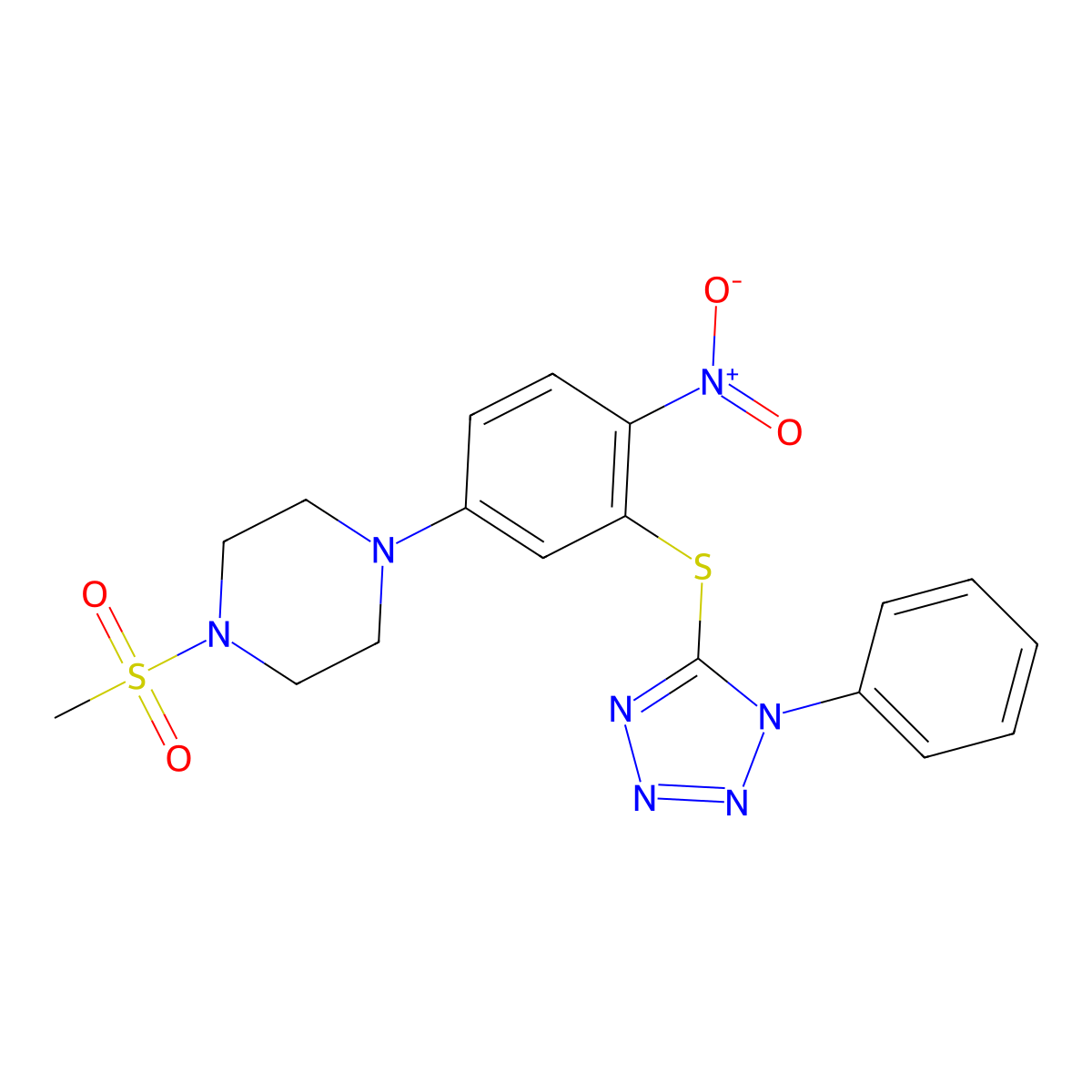 1-Methylsulfonyl-4-[4-nitro-3-(1-phenyltetrazol-5-yl)sulfanylphenyl]piperazine molecular structure, CAS 524033-97-4