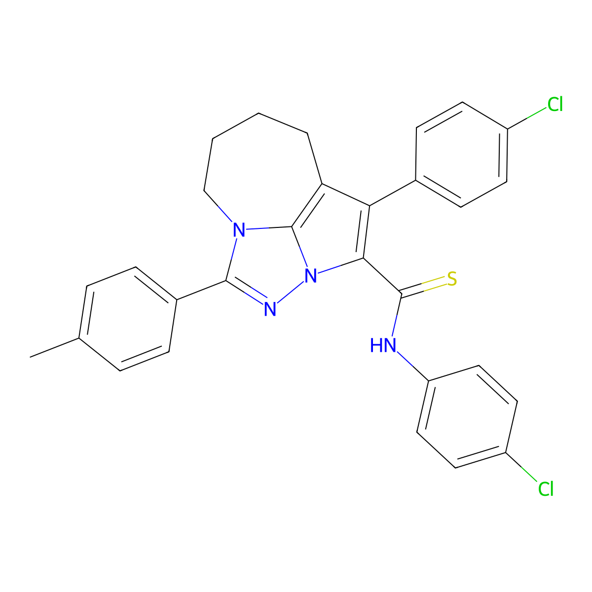 N,1-bis(4-chlorophenyl)-4-(p-tolyl)-5,6,7,8-tetrahydro-2a,3,4a-triazacyclopenta[cd]azulene-2-carbothioamide molecular structure, CAS 524036-35-9