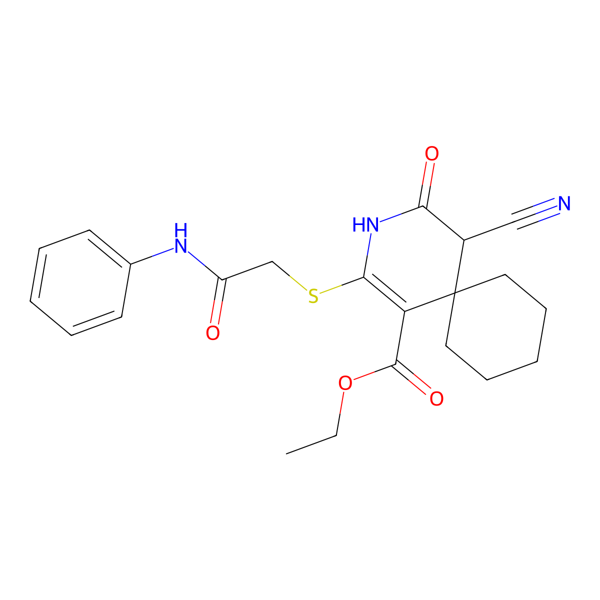 Ethyl 5-cyano-4-oxo-2-{[2-oxo-2-(phenylamino)ethyl]sulfanyl}-3-azaspiro[5.5]undec-1-ene-1-carboxylate molecular structure, CAS 524038-15-1