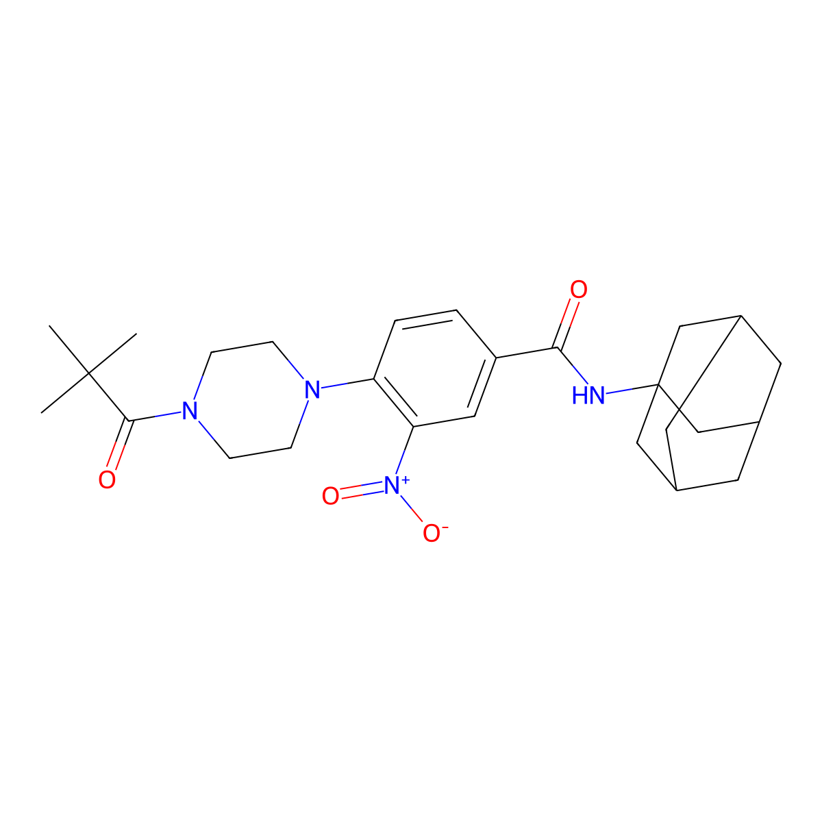 N-(1-adamantyl)-4-[4-(2,2-dimethylpropanoyl)piperazin-1-yl]-3-nitrobenzamide molecular structure, CAS 524041-80-3
