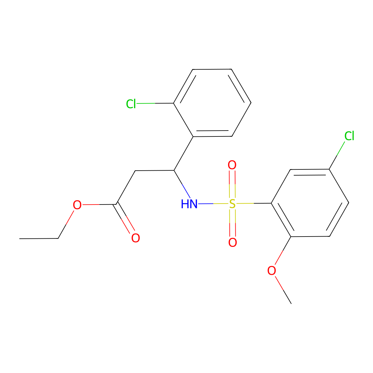 Ethyl 3-{[(5-chloro-2-methoxyphenyl)sulfonyl]amino}-3-(2-chlorophenyl)propanoate molecular structure, CAS 524049-90-9