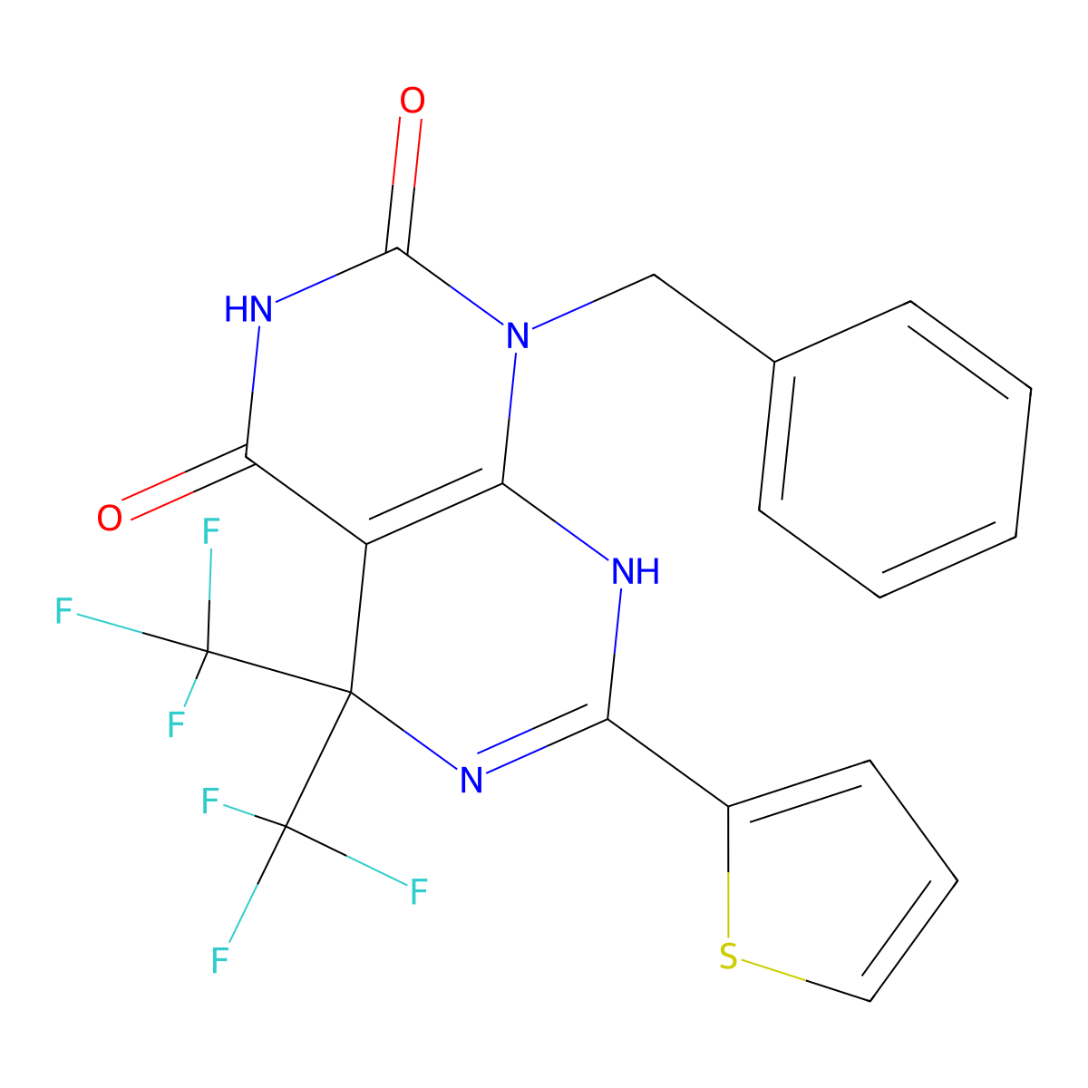 1-benzyl-7-thiophen-2-yl-5,5-bis(trifluoromethyl)-8H-pyrimido[4,5-d]pyrimidine-2,4-dione molecular structure, CAS 524053-39-2