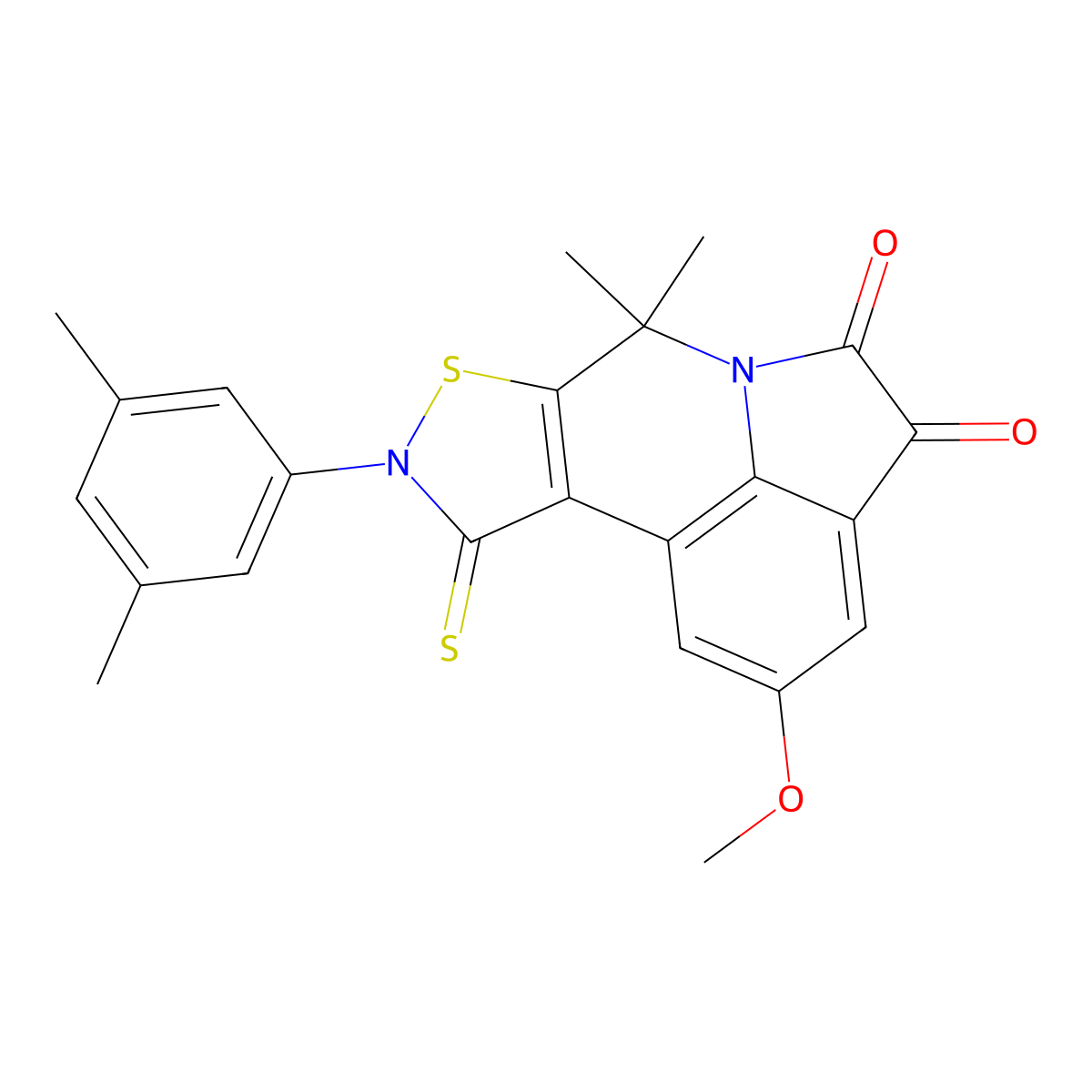 9-(3,5-dimethylphenyl)-2-methoxy-7,7-dimethyl-10-thioxo-9,10-dihydro-7H-isothiazolo[5,4-c]pyrrolo[3,2,1-ij]quinoline-4,5-dione molecular structure, CAS 524056-27-7