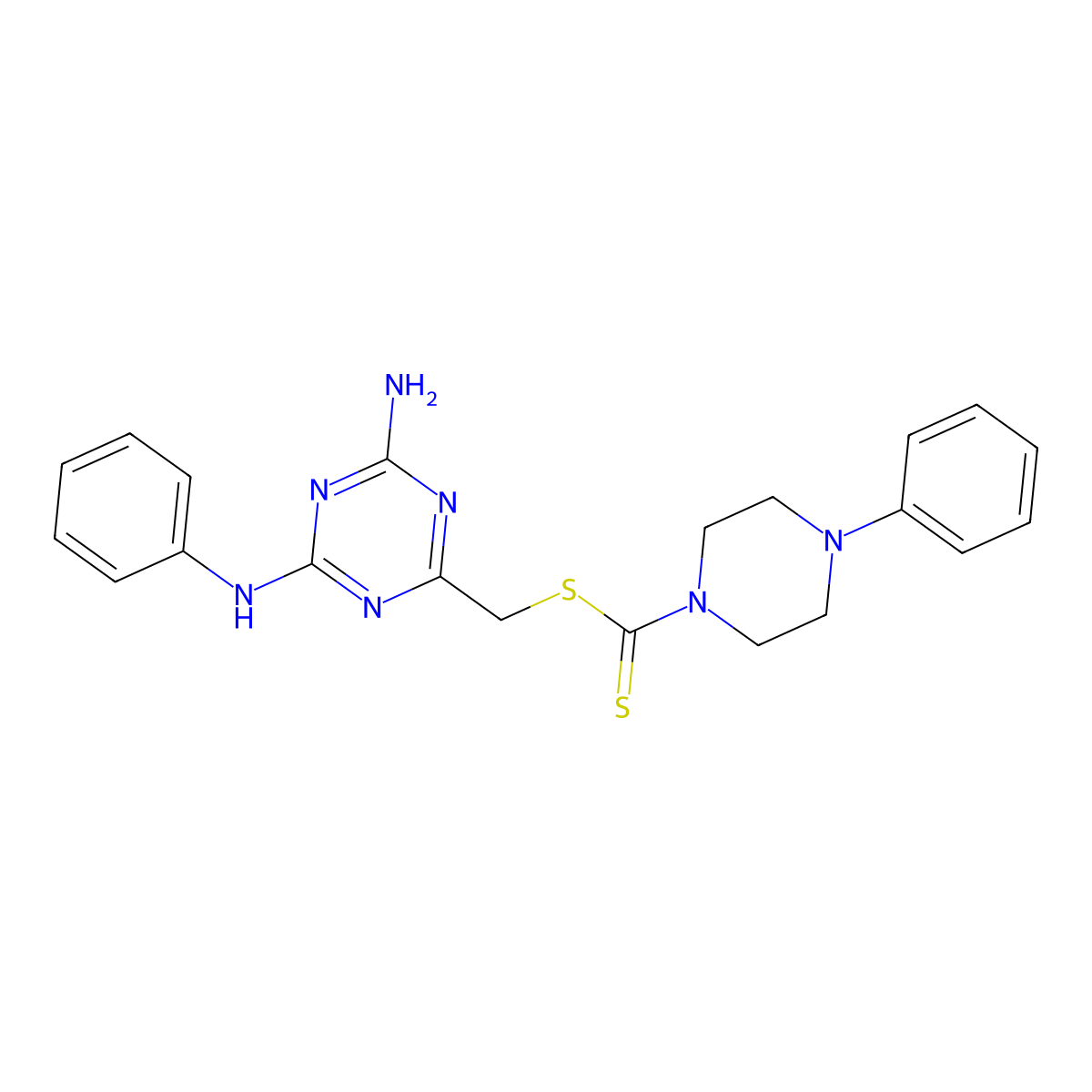 (4-Amino-6-anilino-1,3,5-triazin-2-yl)methyl 4-phenylpiperazine-1-carbodithioate molecular structure, CAS 524056-52-8