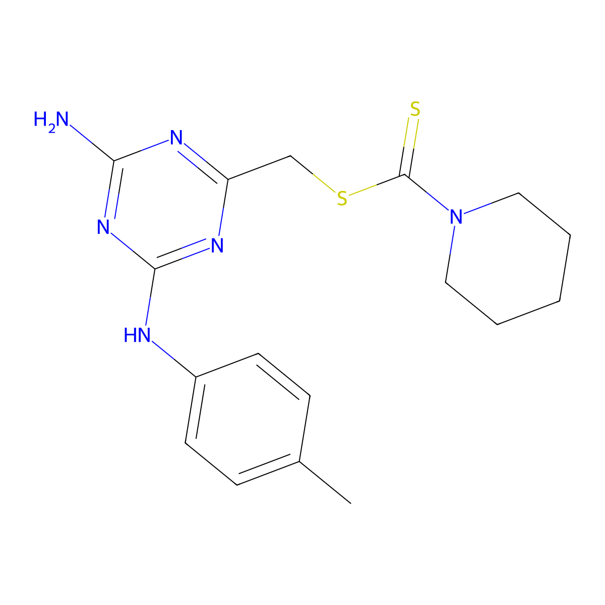 {4-Amino-6-[(4-methylphenyl)amino]-1,3,5-triazin-2-yl}methyl piperidine-1-carbodithioate molecular structure, CAS 524056-54-0