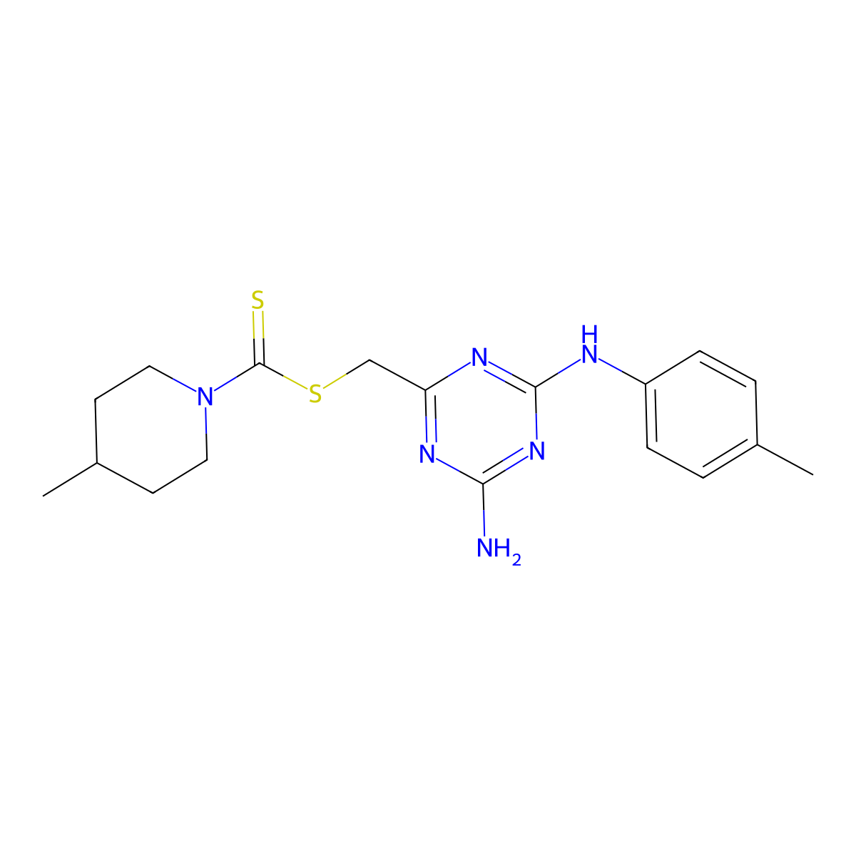 {4-Amino-6-[(4-methylphenyl)amino]-1,3,5-triazin-2-yl}methyl 4-methylpiperidine-1-carbodithioate molecular structure, CAS 524056-55-1