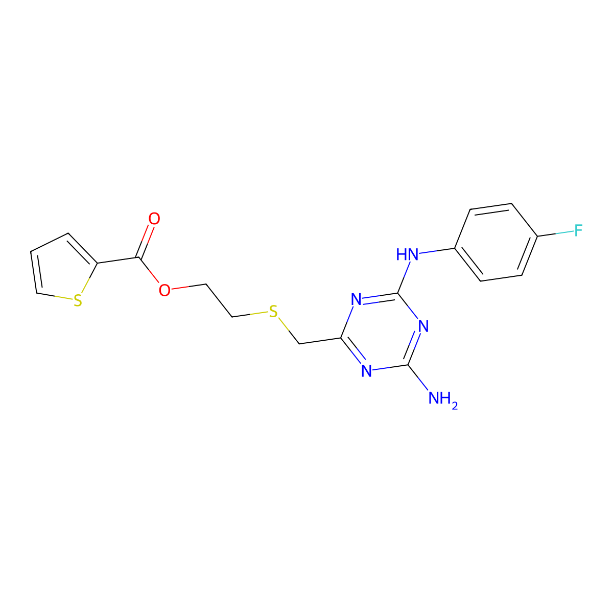 2-[({4-Amino-6-[(4-fluorophenyl)amino]-1,3,5-triazin-2-yl}methyl)sulfanyl]ethyl thiophene-2-carboxylate molecular structure, CAS 524056-61-9
