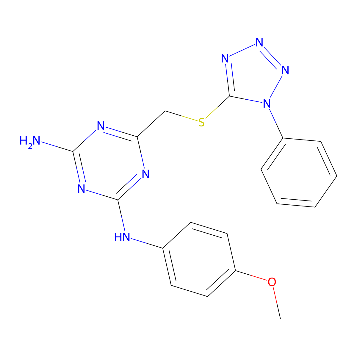 N-(4-methoxyphenyl)-6-{[(1-phenyl-1H-tetrazol-5-yl)sulfanyl]methyl}-1,3,5-triazine-2,4-diamine molecular structure, CAS 524056-65-3
