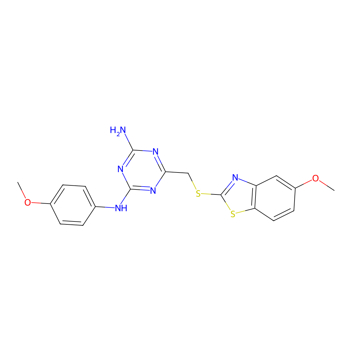 6-{[(5-methoxy-1,3-benzothiazol-2-yl)sulfanyl]methyl}-N-(4-methoxyphenyl)-1,3,5-triazine-2,4-diamine molecular structure, CAS 524056-67-5