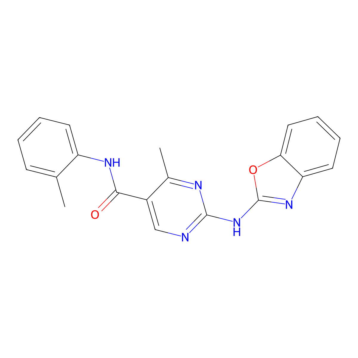 2-(1,3-benzoxazol-2-ylamino)-4-methyl-N-(2-methylphenyl)pyrimidine-5-carboxamide molecular structure, CAS 524057-18-9