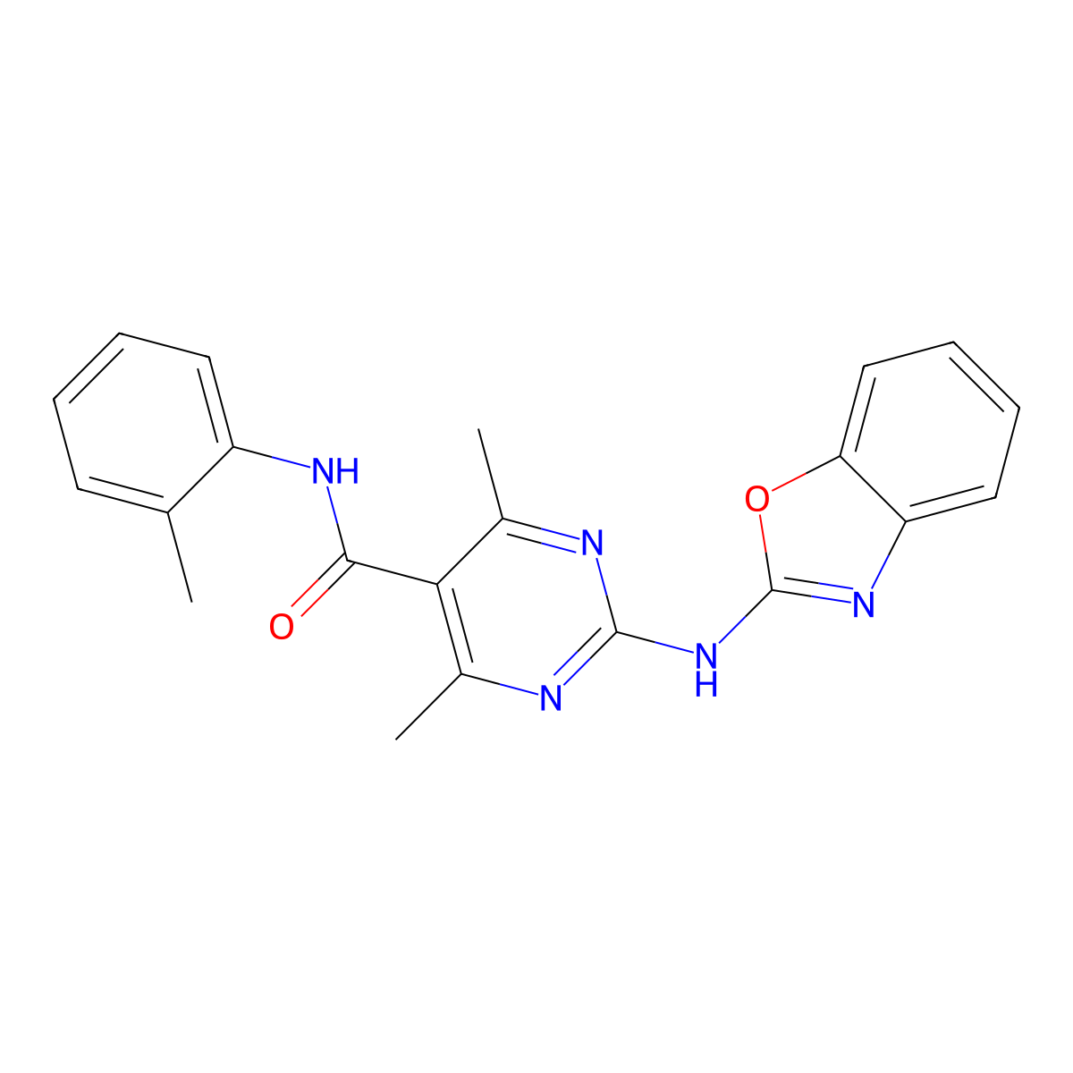 2-(1,3-benzoxazol-2-ylamino)-4,6-dimethyl-N-(2-methylphenyl)pyrimidine-5-carboxamide molecular structure, CAS 524057-19-0