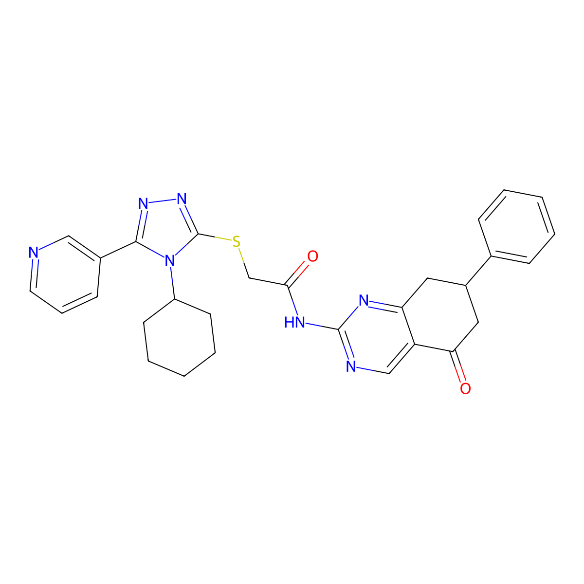 2-{[4-cyclohexyl-5-(pyridin-3-yl)-4H-1,2,4-triazol-3-yl]sulfanyl}-N-(5-oxo-7-phenyl-5,6,7,8-tetrahydroquinazolin-2-yl)acetamide molecular structure, CAS 524062-21-3