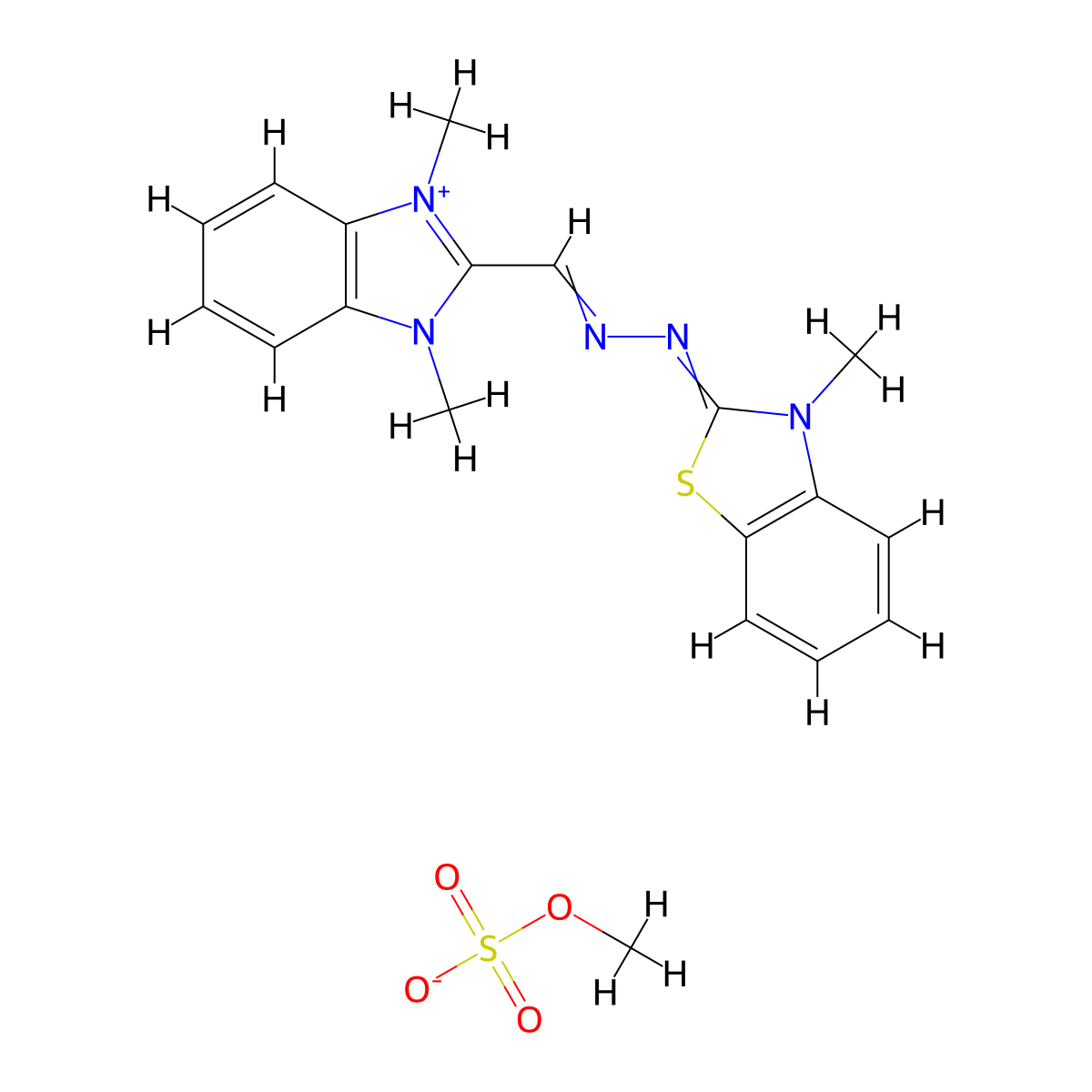 Benzothiazolium, 2-(2-((1,3-dihydro-1,3-dimethyl-2H-benzimidazol-2-ylidene)methyl)diazenyl)-3-methyl-, methyl sulfate (1:1) molecular structure, CAS 52435-14-0
