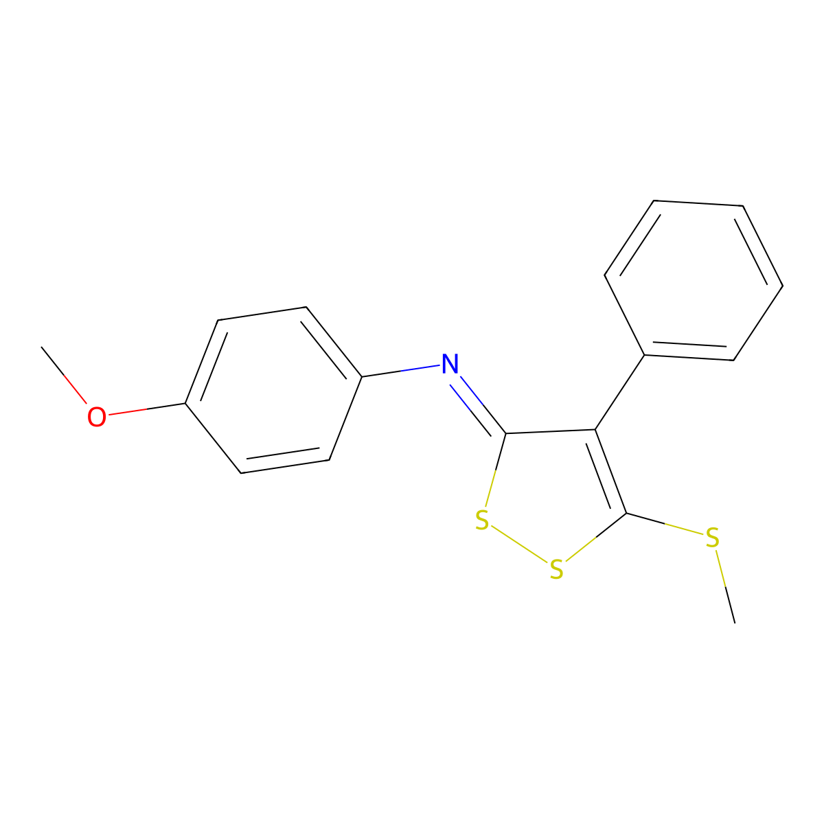 4-Methoxy-N-(5-(methylthio)-4-phenyl-3H-1,2-dithiol-3-ylidene)aniline molecular structure, CAS 52444-78-7