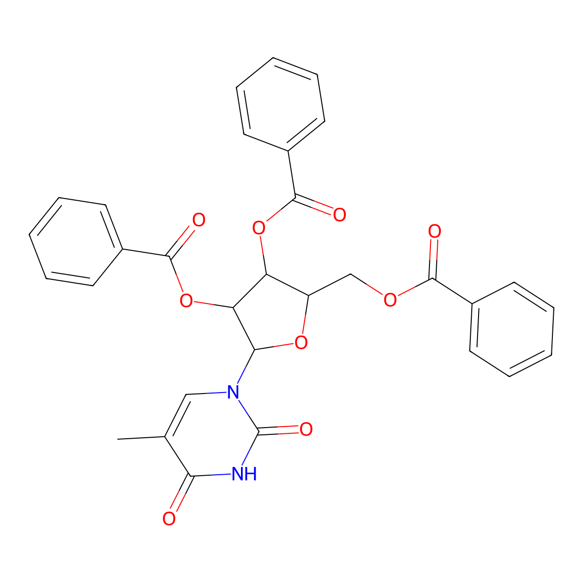 5-Methyl-1-(2,3,5-tri-O-benzoylpentofuranosyl)pyrimidine-2,4(1H,3H)-dione molecular structure, CAS 52448-07-4