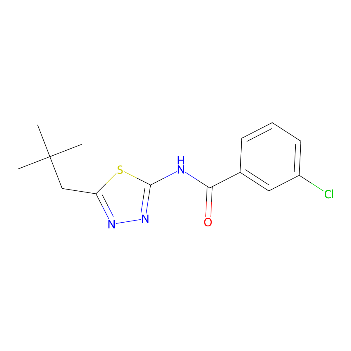3-chloro-N-[5-(2,2-dimethylpropyl)-1,3,4-thiadiazol-2-yl]benzamide molecular structure, CAS 524676-75-3