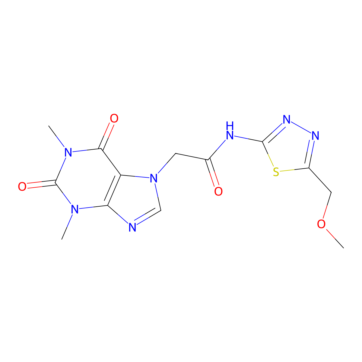 2-(1,3-dimethyl-2,6-dioxopurin-7-yl)-N-[5-(methoxymethyl)-1,3,4-thiadiazol-2-yl]acetamide molecular structure, CAS 524677-30-3