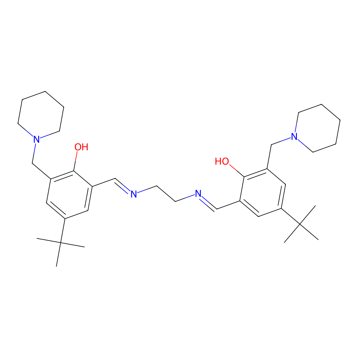 2,2'-[1,2-Ethanediylbis[(E)-(nitrilomethylidyne)]] bis[4-(tert-butyl)-6-(1-piperidinylmethyl)phenol molecular structure, CAS 524679-18-3