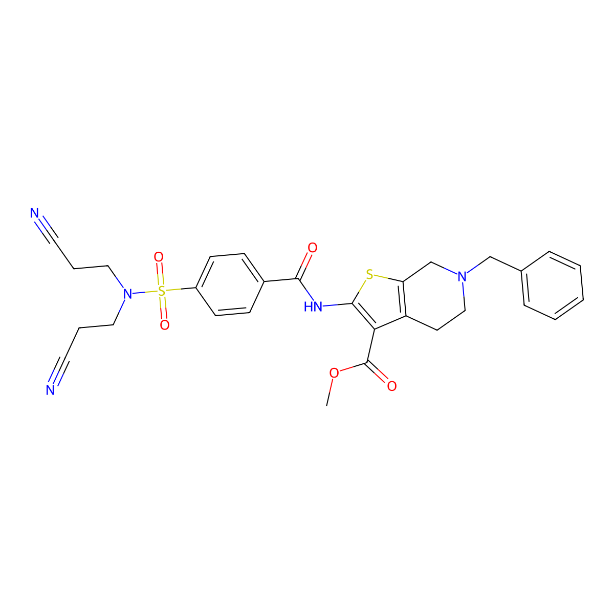 methyl 6-benzyl-2-(4-(N,N-bis(2-cyanoethyl)sulfamoyl)benzamido)-4,5,6,7-tetrahydrothieno[2,3-c]pyridine-3-carboxylate molecular structure, CAS 524679-95-6