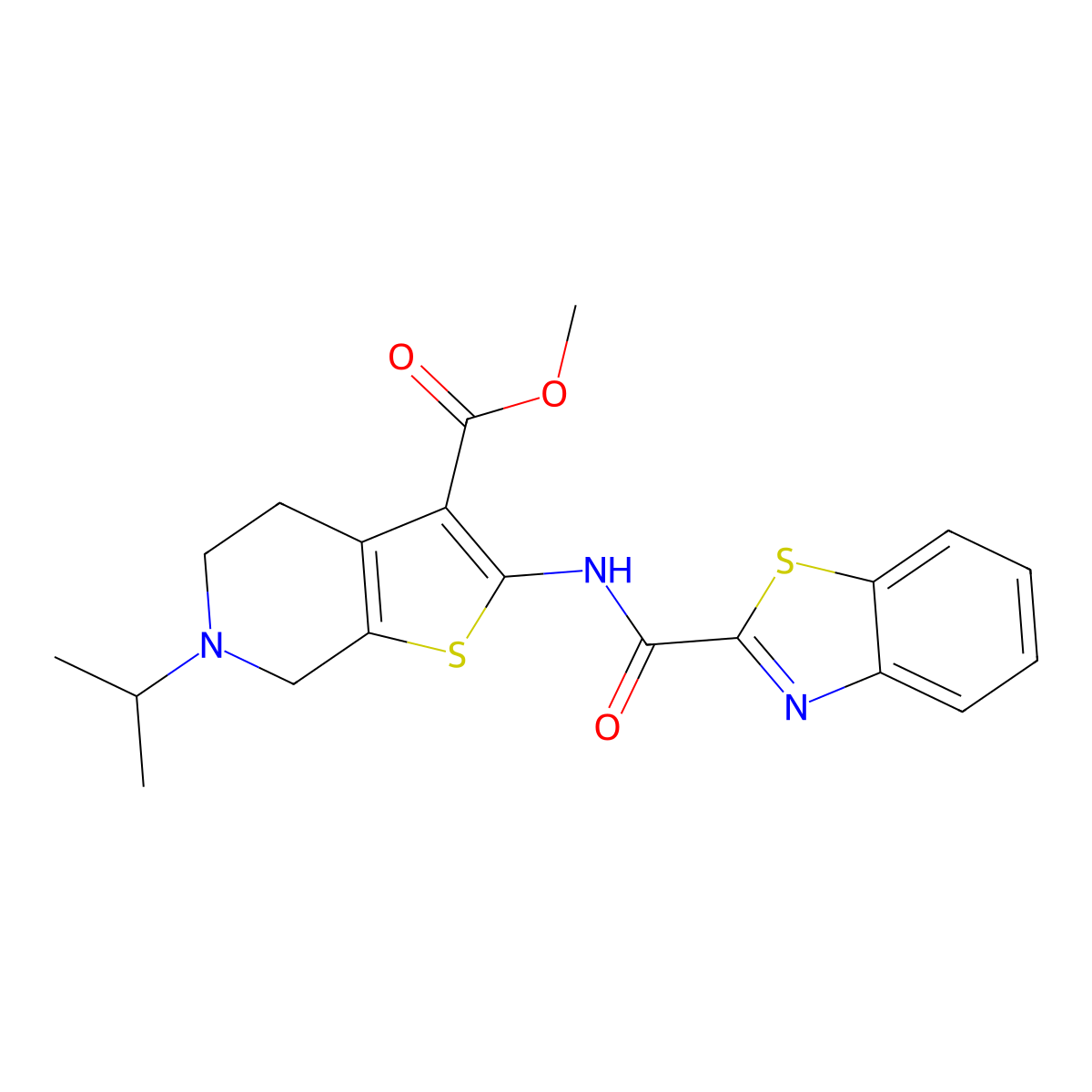 Methyl 2-(benzo[d]thiazole-2-carboxamido)-6-isopropyl-4,5,6,7-tetrahydrothieno[2,3-c]pyridine-3-carboxylate molecular structure, CAS 524682-05-1