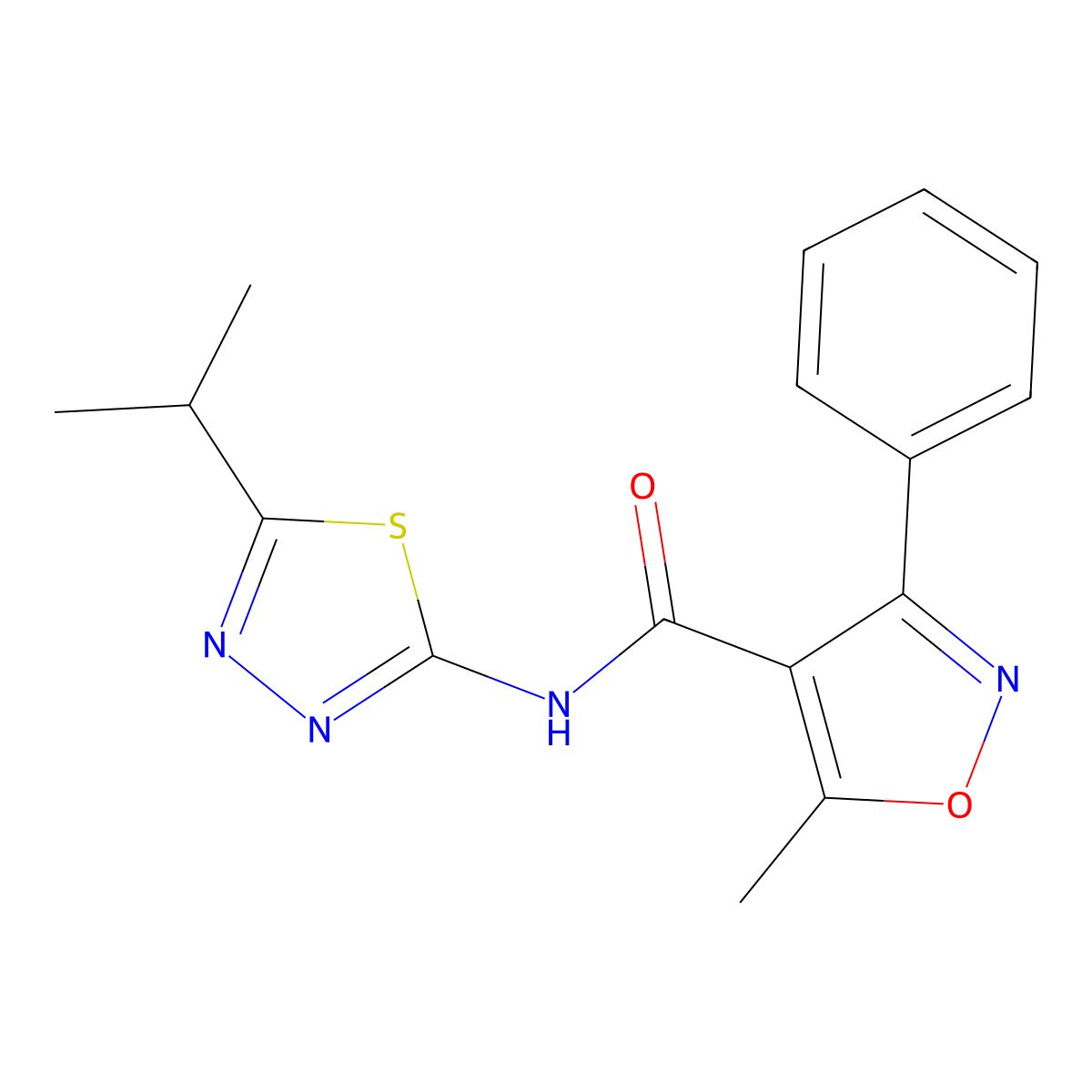 5-methyl-3-phenyl-N-(5-propan-2-yl-1,3,4-thiadiazol-2-yl)-1,2-oxazole-4-carboxamide molecular structure, CAS 524685-86-7