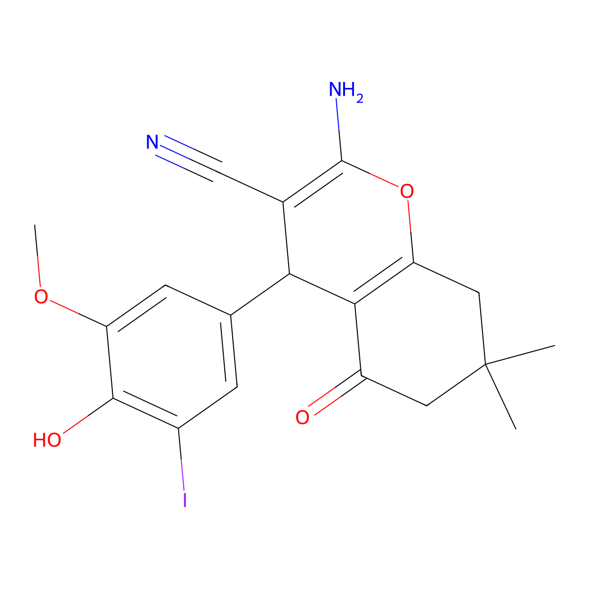 2-amino-4-(4-hydroxy-3-iodo-5-methoxyphenyl)-7,7-dimethyl-5-oxo-6,8-dihydro-4H-chromene-3-carbonitrile molecular structure, CAS 524686-71-3