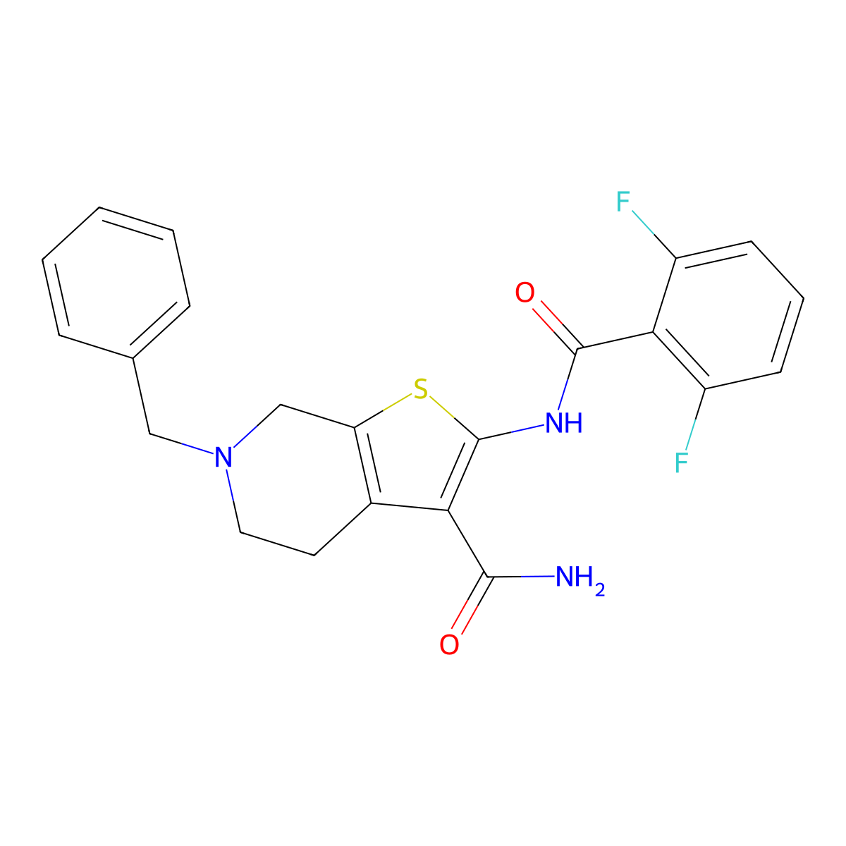 2-[[2,6-bis(fluoranyl)phenyl]carbonylamino]-6-(phenylmethyl)-5,7-dihydro-4H-thieno[2,3-c]pyridine-3-carboxamide;hydrochloride molecular structure, CAS 524692-81-7