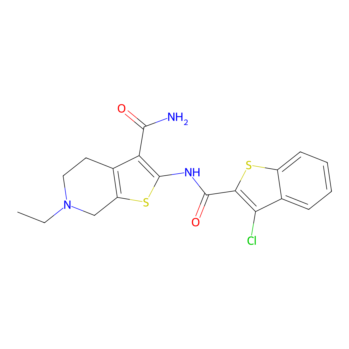 2-(3-Chlorobenzo[b]thiophene-2-carboxamido)-6-ethyl-4,5,6,7-tetrahydrothieno[2,3-c]pyridine-3-carboxamide molecular structure, CAS 524694-06-2