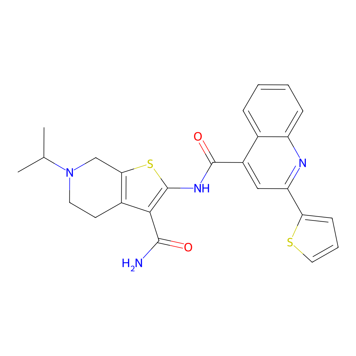6-Isopropyl-2-(2-(thiophen-2-yl)quinoline-4-carboxamido)-4,5,6,7-tetrahydrothieno[2,3-c]pyridine-3-carboxamide molecular structure, CAS 524694-28-8
