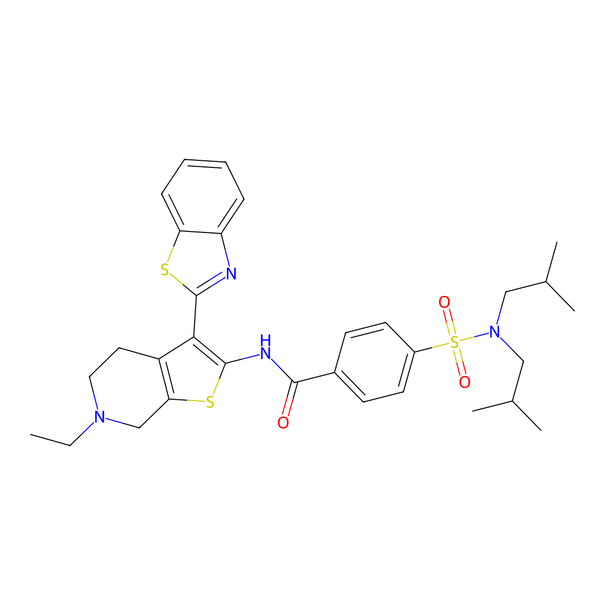 N-(3-(benzo[d]thiazol-2-yl)-6-ethyl-4,5,6,7-tetrahydrothieno[2,3-c]pyridin-2-yl)-4-(N,N-diisobutylsulfamoyl)benzamide molecular structure, CAS 524695-04-3