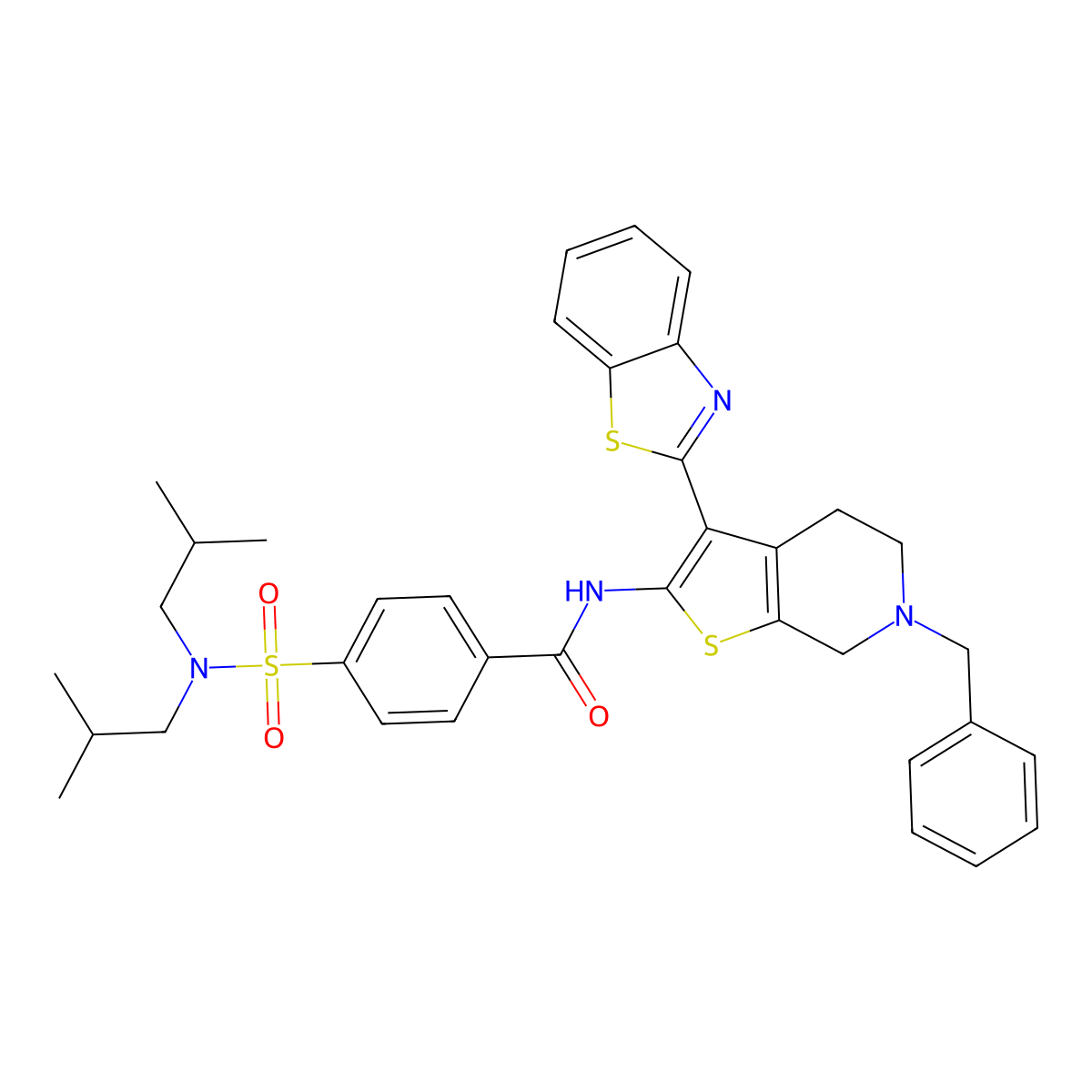 N-(3-(benzo[d]thiazol-2-yl)-6-benzyl-4,5,6,7-tetrahydrothieno[2,3-c]pyridin-2-yl)-4-(N,N-diisobutylsulfamoyl)benzamide molecular structure, CAS 524695-05-4