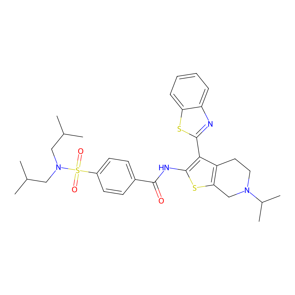 N-(3-(benzo[d]thiazol-2-yl)-6-isopropyl-4,5,6,7-tetrahydrothieno[2,3-c]pyridin-2-yl)-4-(N,N-diisobutylsulfamoyl)benzamide molecular structure, CAS 524695-06-5
