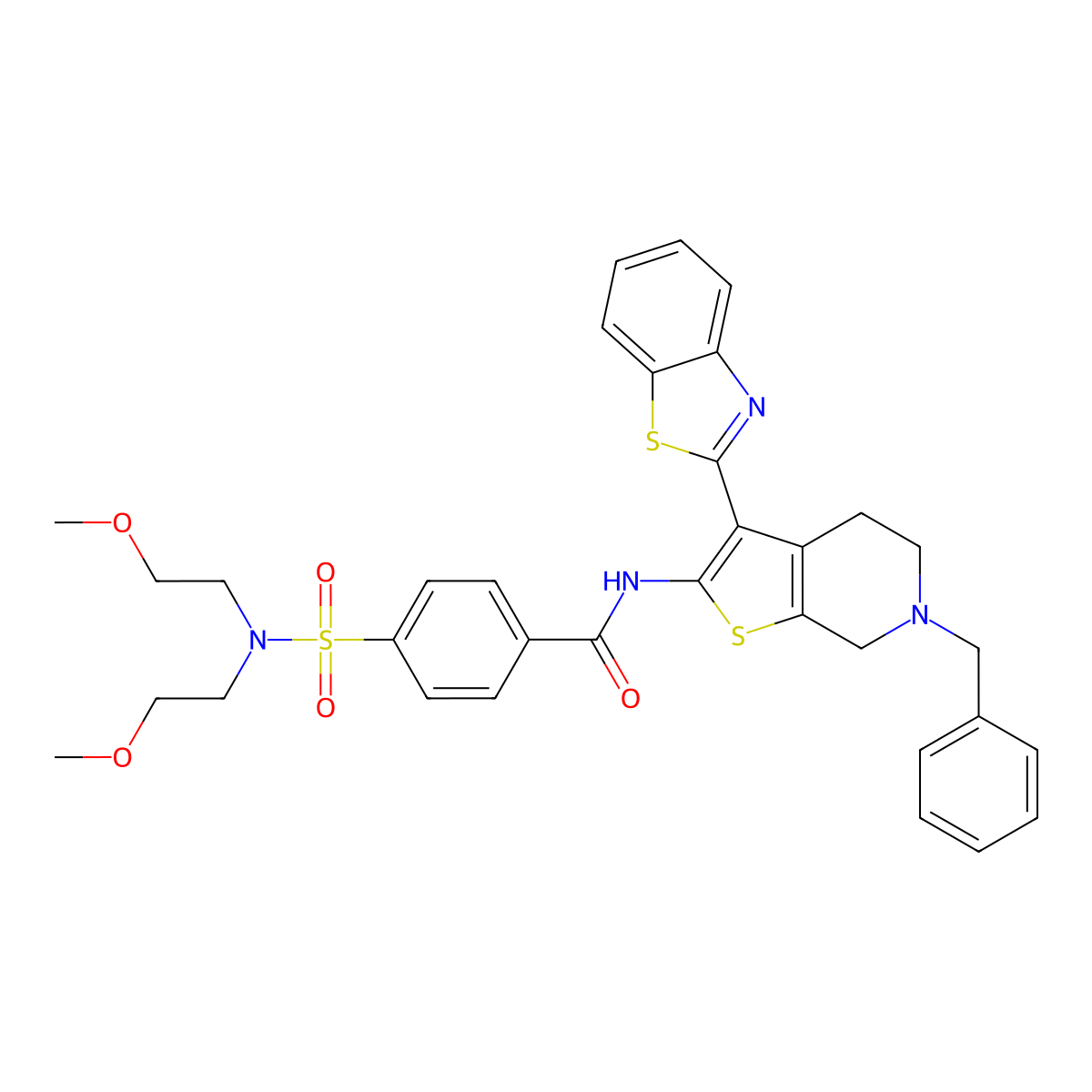 N-(3-(benzo[d]thiazol-2-yl)-6-benzyl-4,5,6,7-tetrahydrothieno[2,3-c]pyridin-2-yl)-4-(N,N-bis(2-methoxyethyl)sulfamoyl)benzamide molecular structure, CAS 524695-19-0