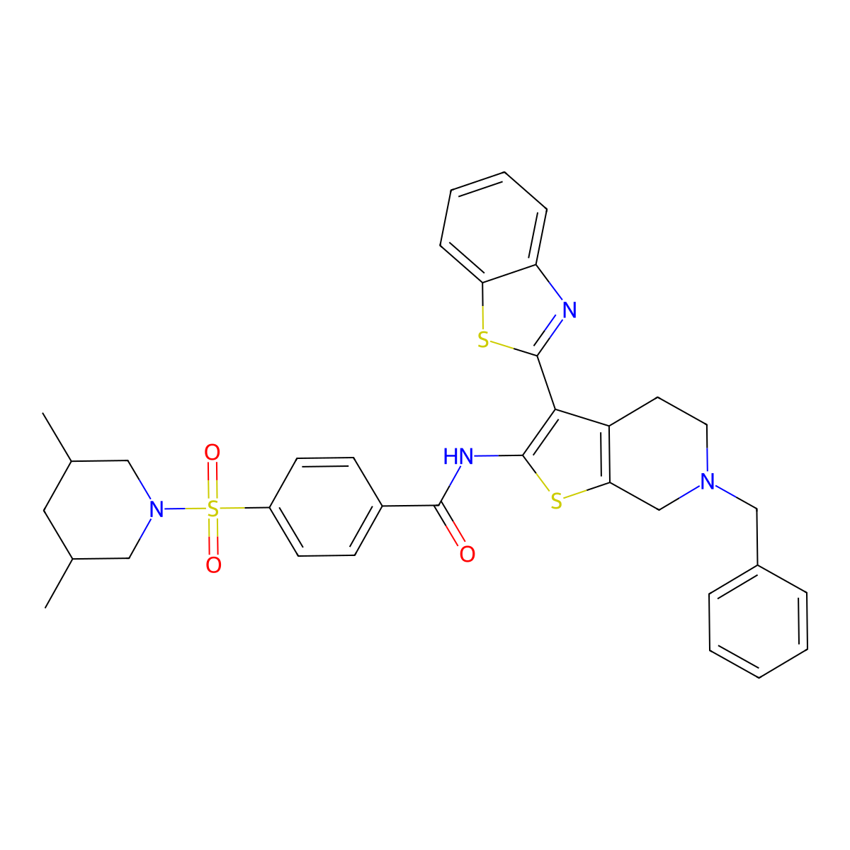 N-(3-(benzo[d]thiazol-2-yl)-6-benzyl-4,5,6,7-tetrahydrothieno[2,3-c]pyridin-2-yl)-4-((3,5-dimethylpiperidin-1-yl)sulfonyl)benzamide molecular structure, CAS 524695-27-0