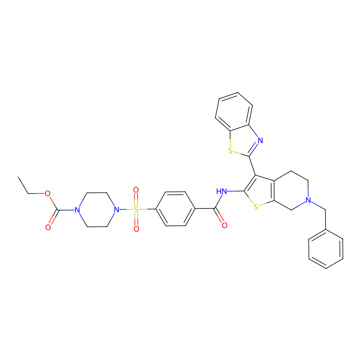 Ethyl 4-((4-((3-(benzo[d]thiazol-2-yl)-6-benzyl-4,5,6,7-tetrahydrothieno[2,3-c]pyridin-2-yl)carbamoyl)phenyl)sulfonyl)piperazine-1-carboxylate molecular structure, CAS 524706-68-1