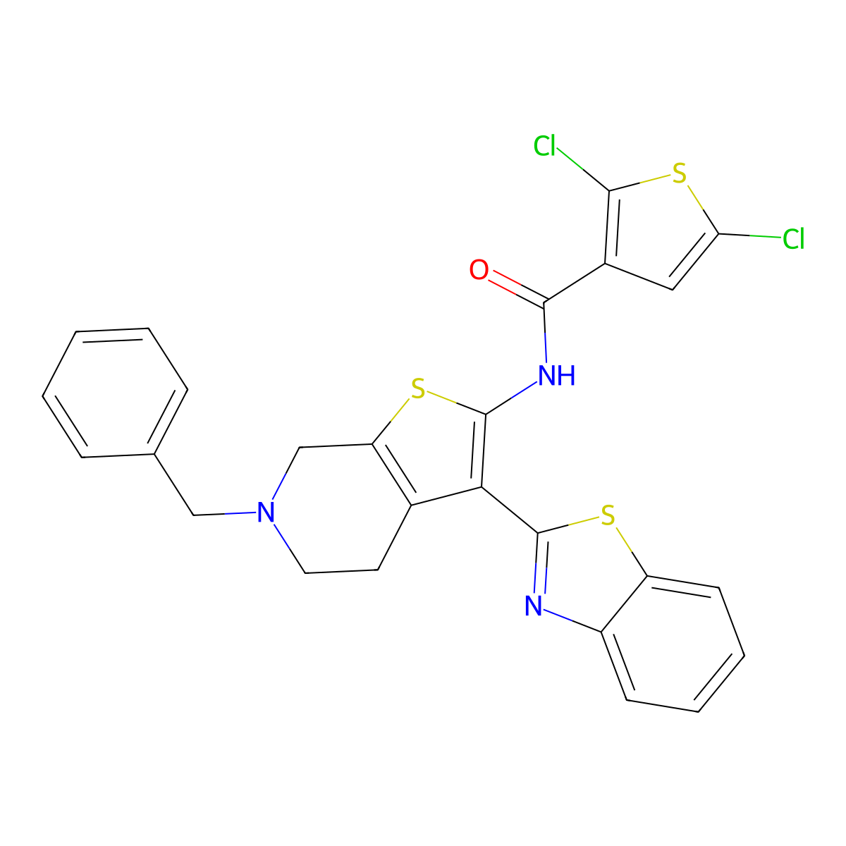 N-(3-(Benzo[d]thiazol-2-yl)-6-benzyl-4,5,6,7-tetrahydrothieno[2,3-c]pyridin-2-yl)-2,5-dichlorothiophene-3-carboxamide molecular structure, CAS 524708-28-9