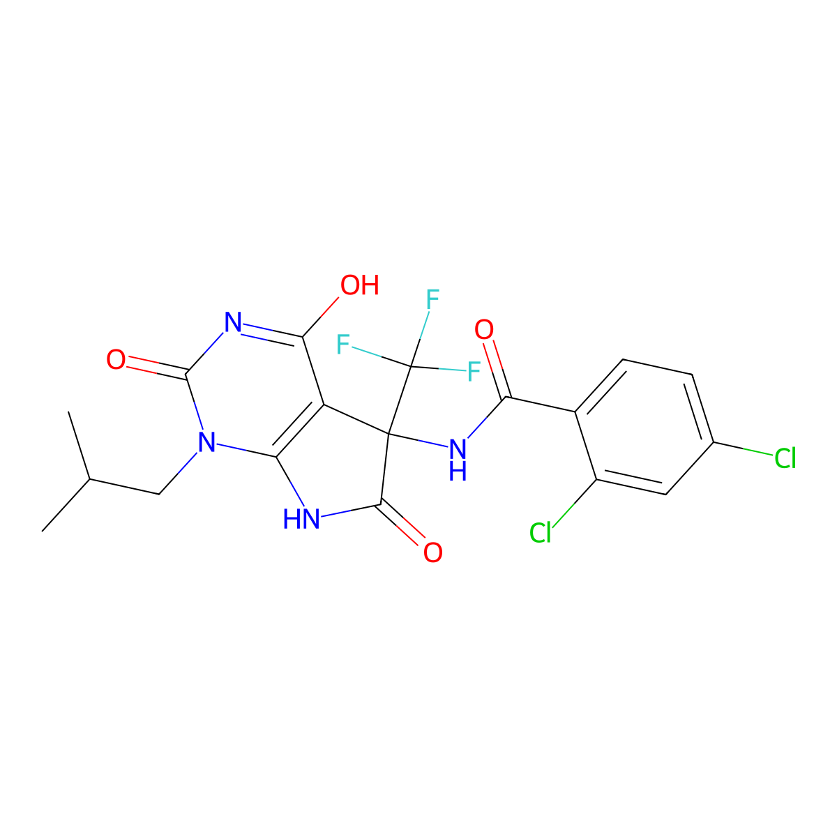 2,4-dichloro-N-[1-(2-methylpropyl)-2,4,6-trioxo-5-(trifluoromethyl)-7H-pyrrolo[2,3-d]pyrimidin-5-yl]benzamide molecular structure, CAS 524717-08-6