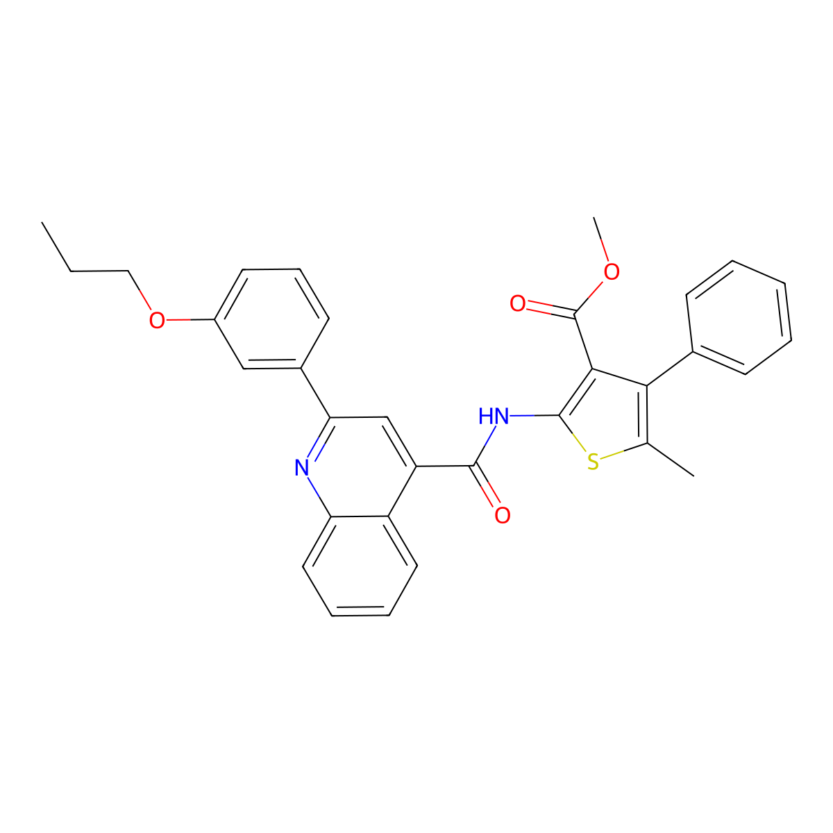 Methyl 5-methyl-4-phenyl-2-({[2-(3-propoxyphenyl)quinolin-4-yl]carbonyl}amino)thiophene-3-carboxylate molecular structure, CAS 524732-57-8